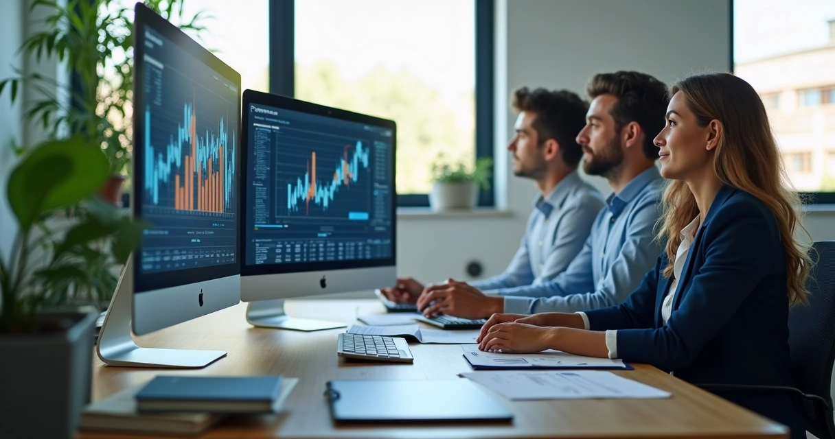 Contadores analisando relatório financeiro em telas digitais 