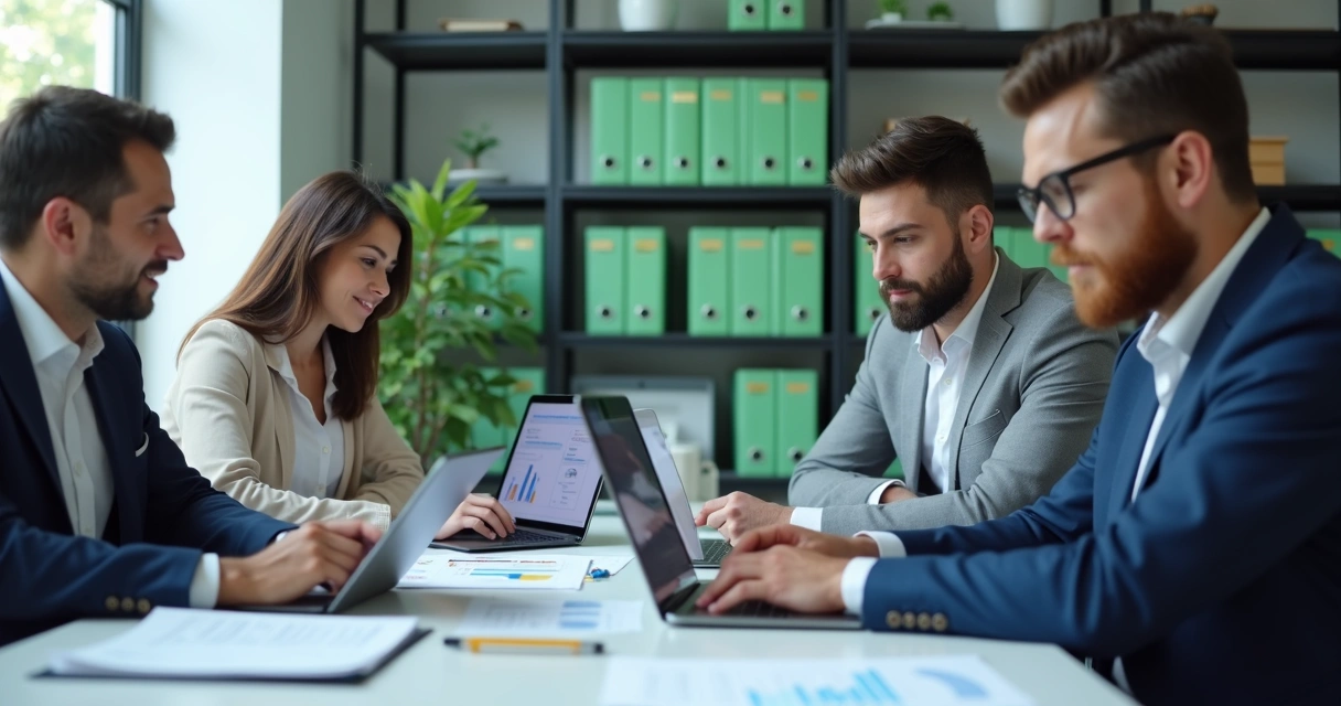 Contadores analisando relatórios automáticos em escritório 