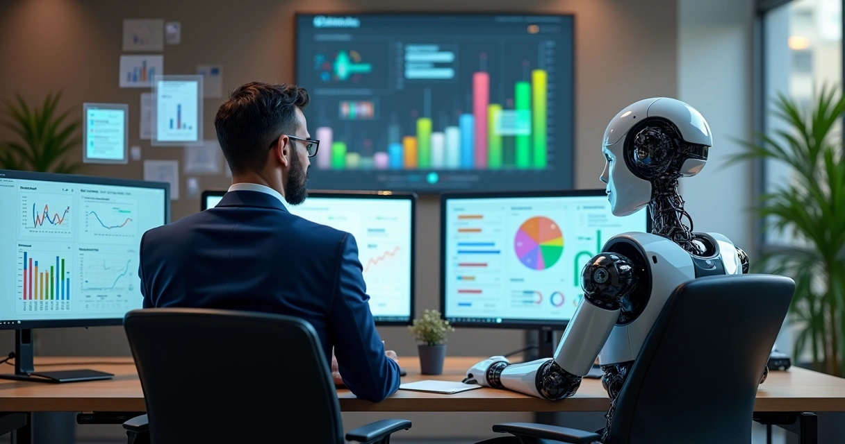 Contador analisa gráficos digitais ao lado de robô em escritório. 