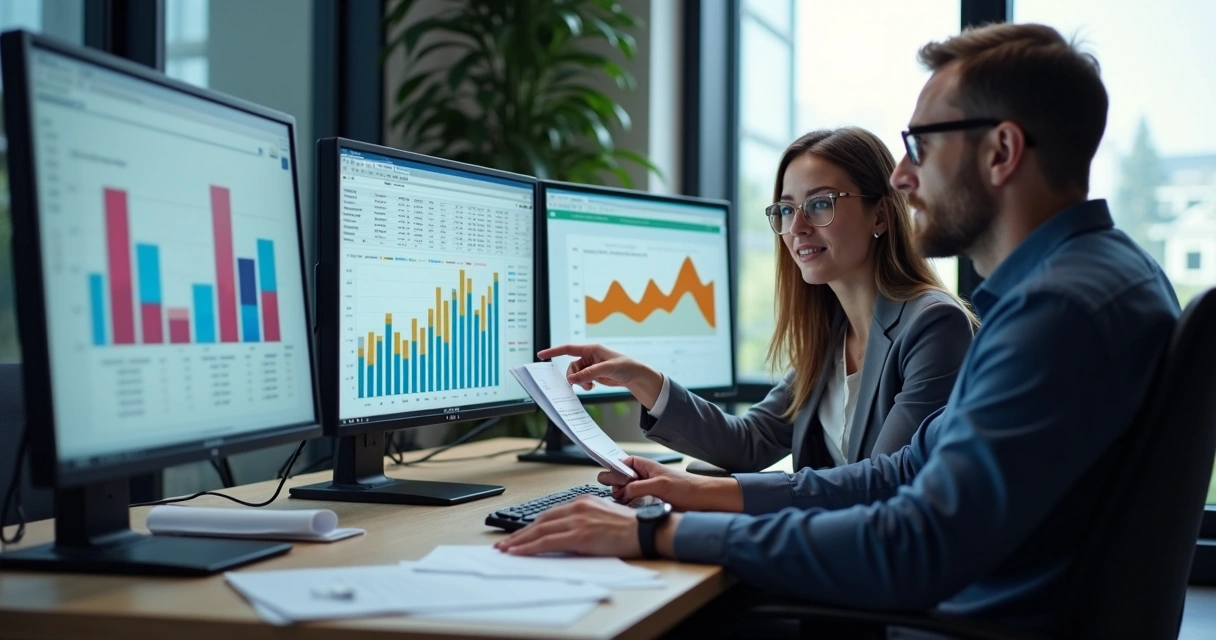 Contadores analisando dados tributários em telas de computador 