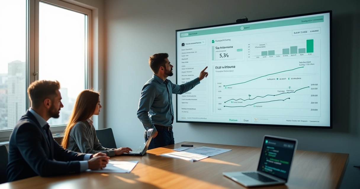 Equipe de contadores em escritório moderno analisando painel digital de notas fiscais por API 