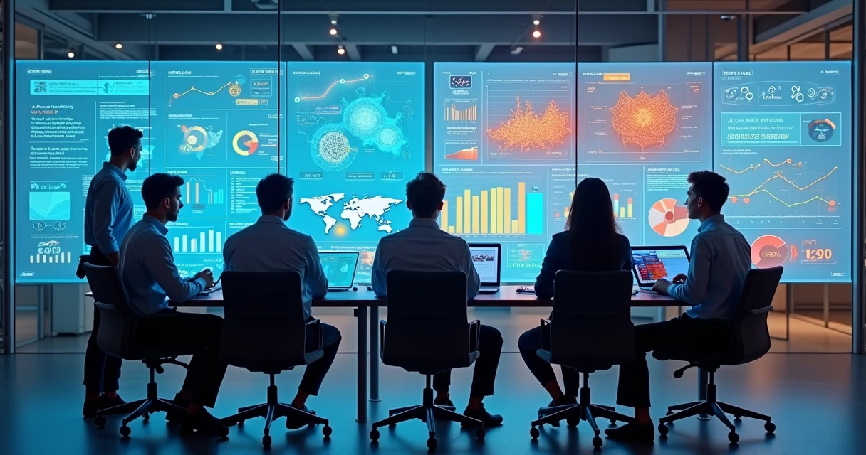 Profissionais contábeis analisando dados em telas com gráficos digitais 