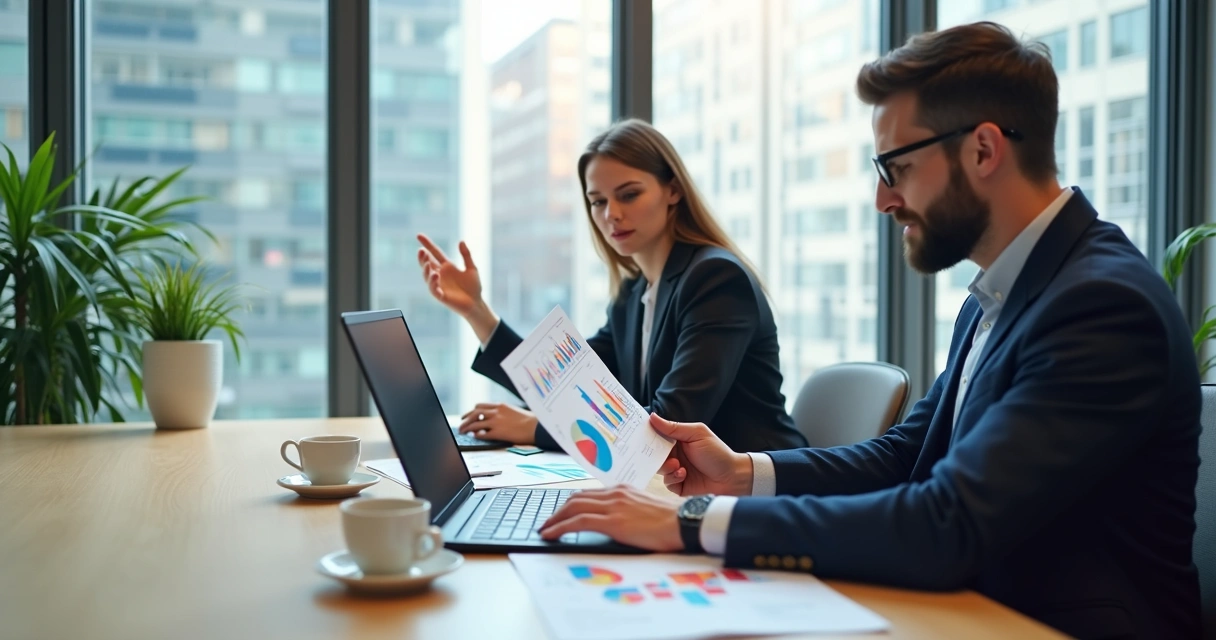 Contadores analisando relatórios em computador com gráficos coloridos na tela.