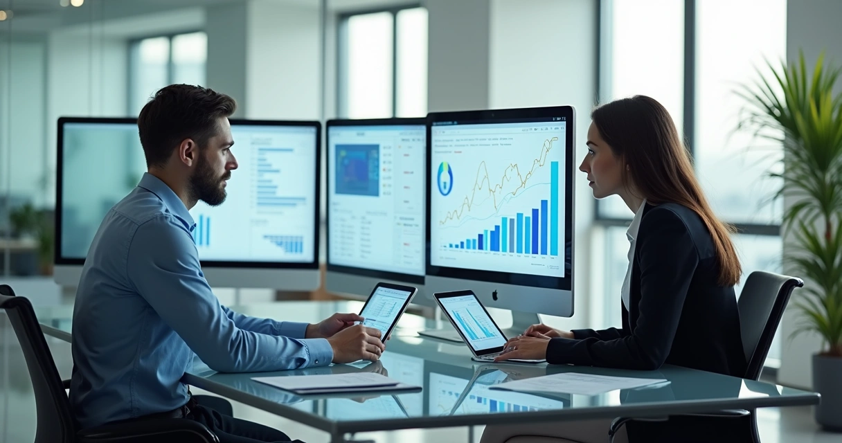 Dois contadores analisando relatórios em tela digital 