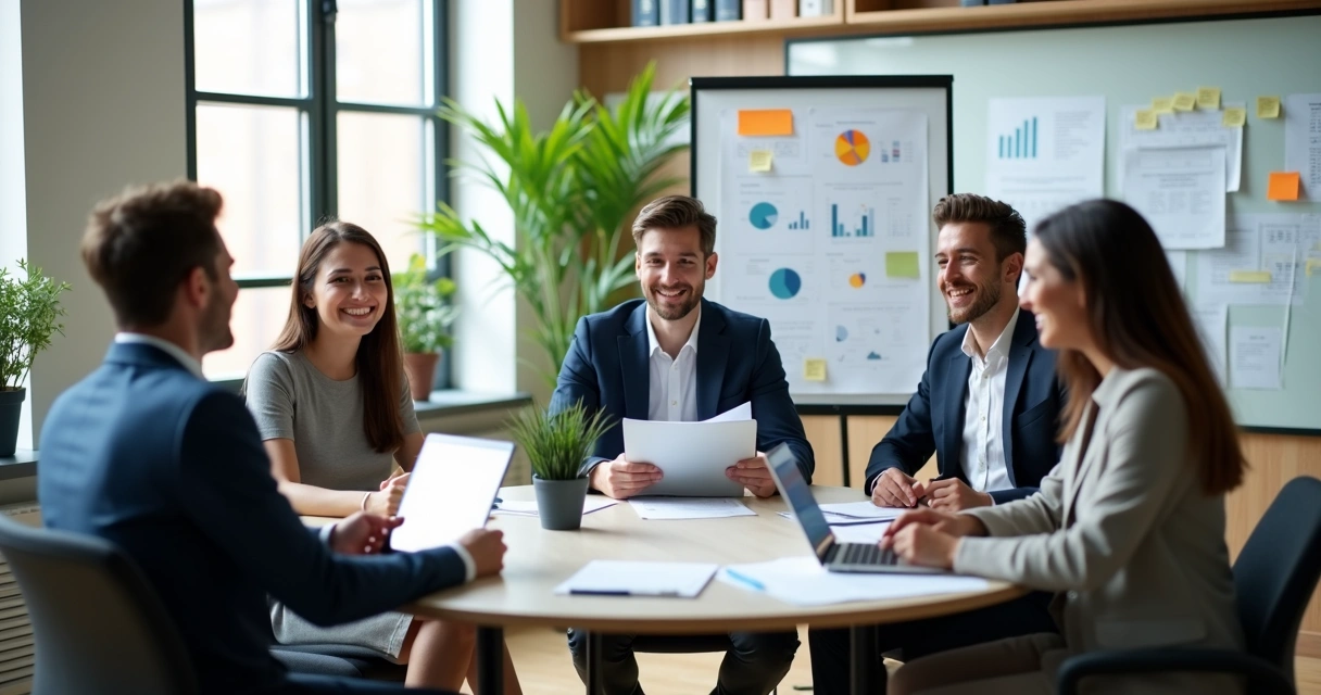 Contadores discutindo ideias em uma sala de reunião 