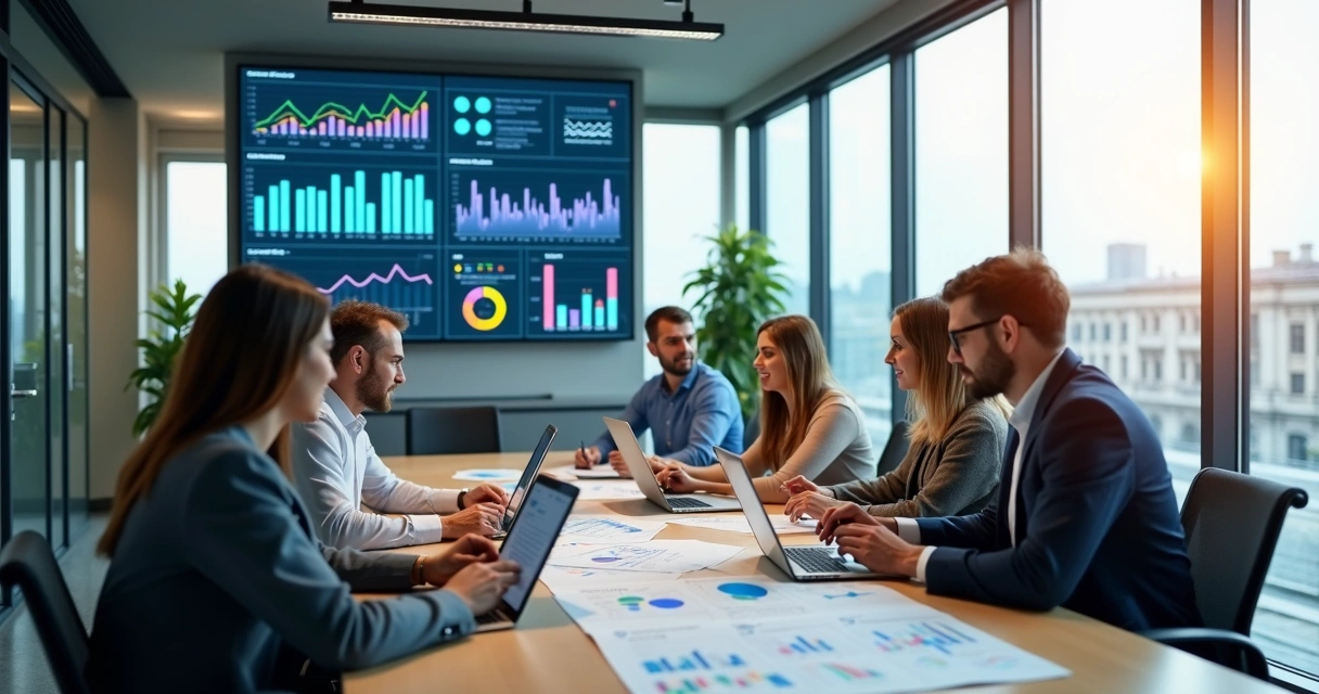 Contadores analisando dados em mesa de reunião 