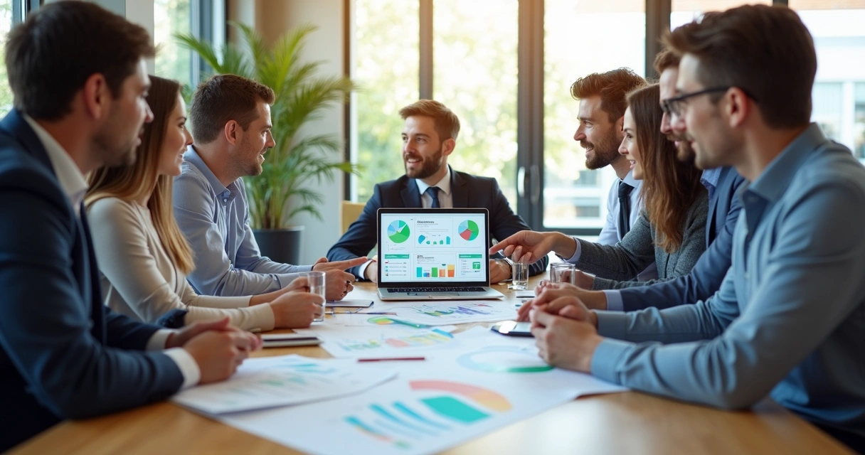 Contadores e empresário em reunião revisando dados de distribuição de lucros 