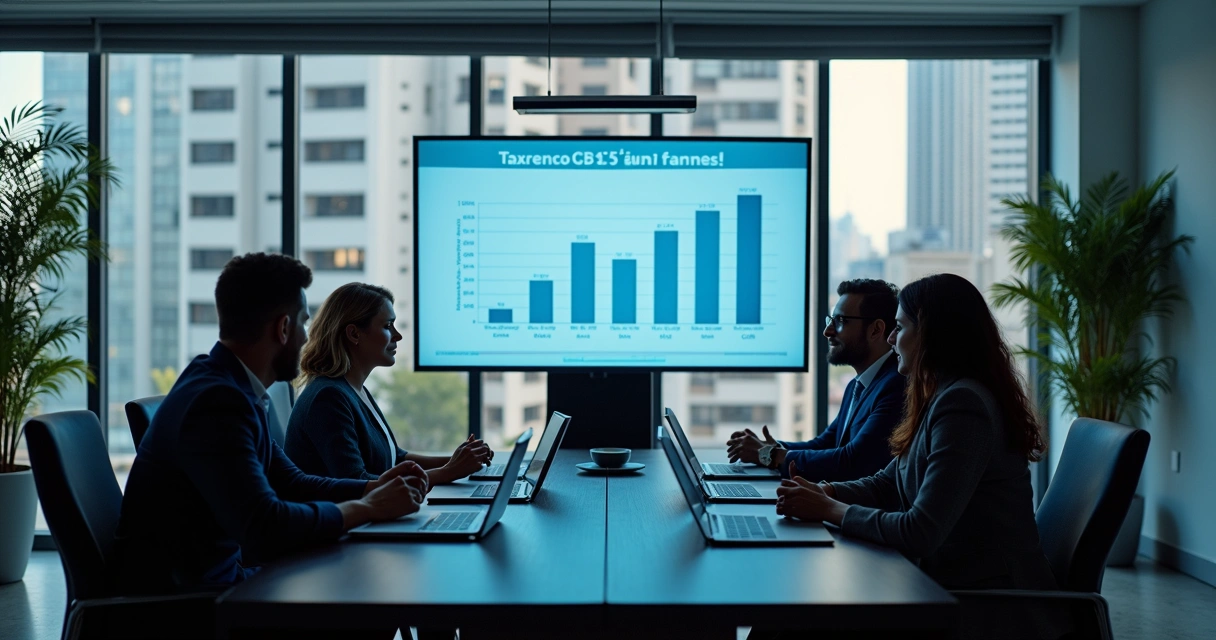 Grupo de contadores discutindo planejamento em escritório com gráficos e telas digitais 