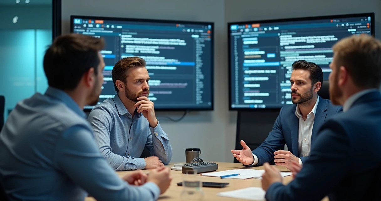 Contadores explicando bloqueio digital a clientes em um escritório moderno 