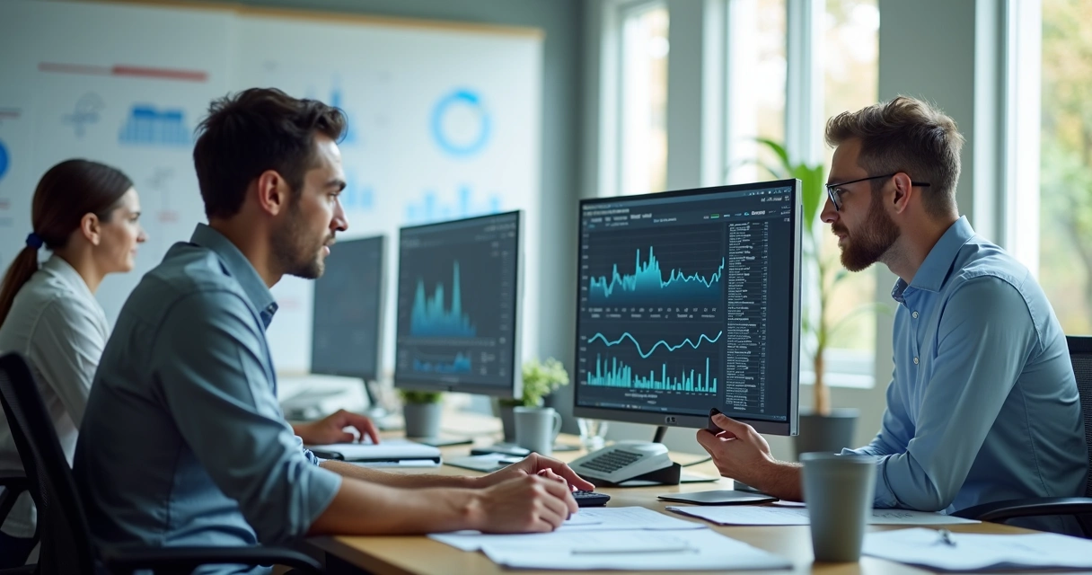 Contadores analisando gráficos e dados em duas telas no escritório 