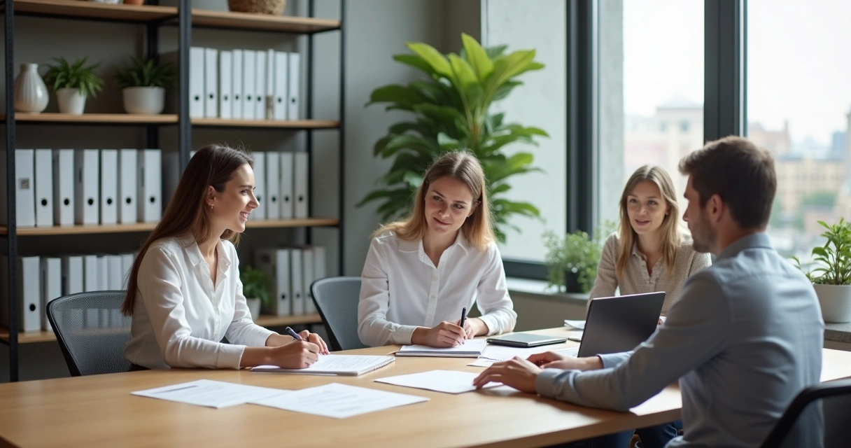 Contadores fazendo reunião com clientes em escritório 