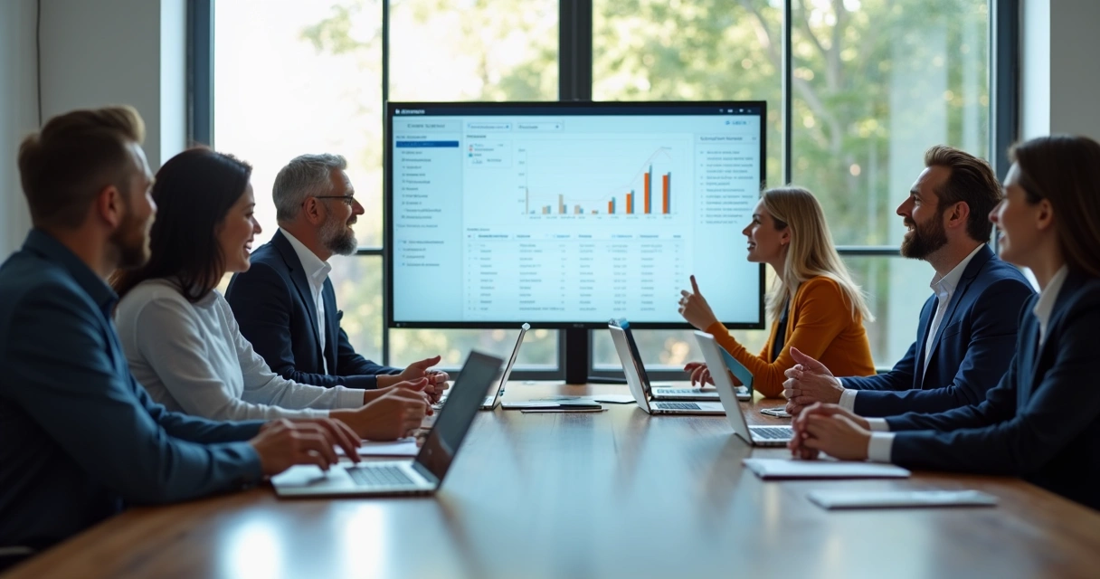 Contadores reunidos em frente ao computador discutindo estratégia digital 