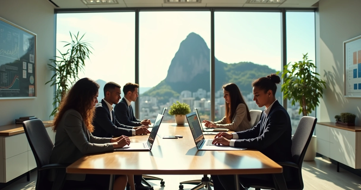 Reunião de contadores analisando documentos digitais em escritório moderno com vista para o Rio de Janeiro 