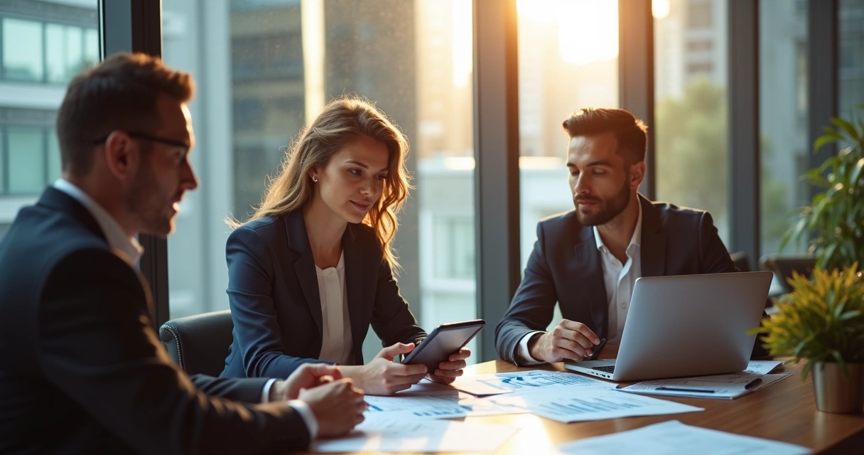 LLC nos EUA: Como Abrir, Vantagens e Diferenças da Corporation 3 Contadores analisando dados de LLC em escritório americano com gráficos