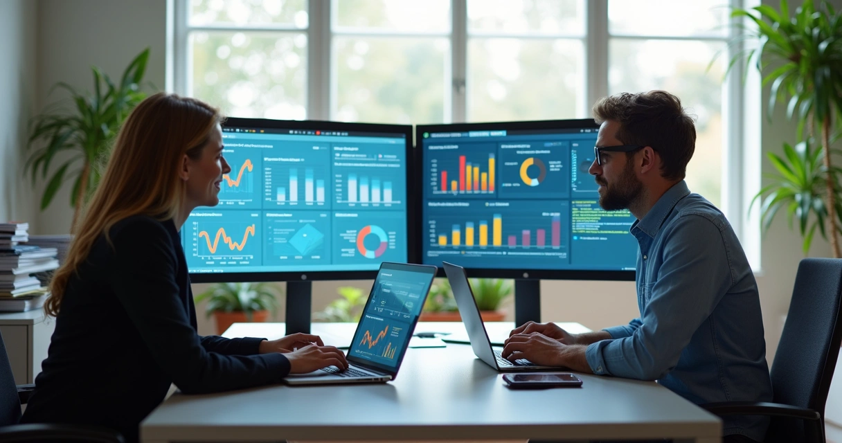 Dois contadores analisam gráficos em telas com janelas de software SaaS abertas 