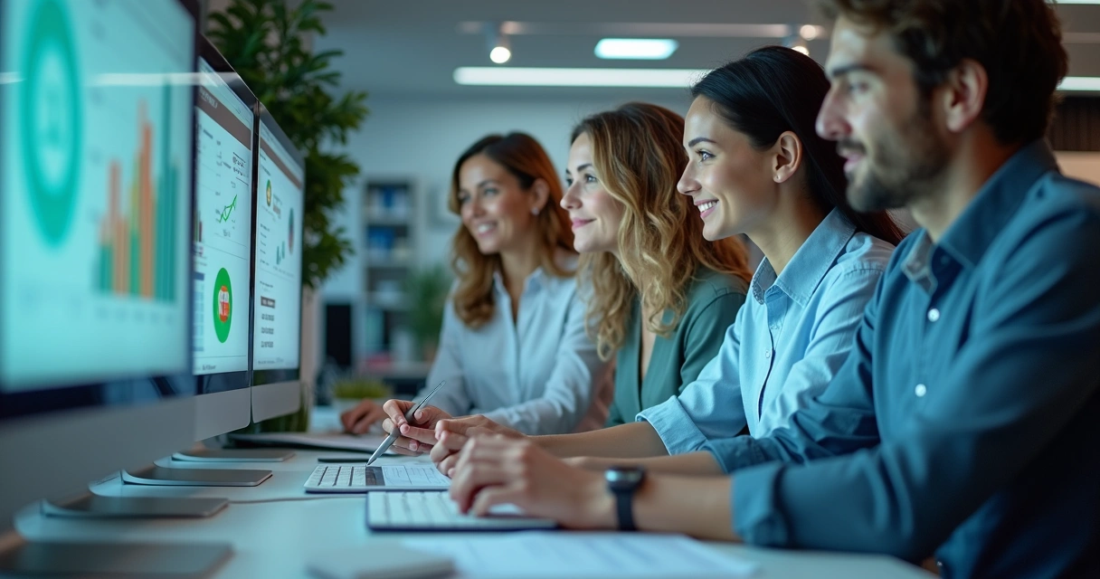 Contadores utilizando computadores modernos em ambiente de escritório 