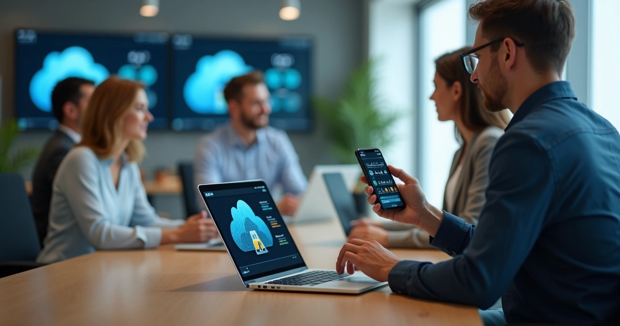 Contadores usando aplicativo de nuvem em notebook e smartphone 