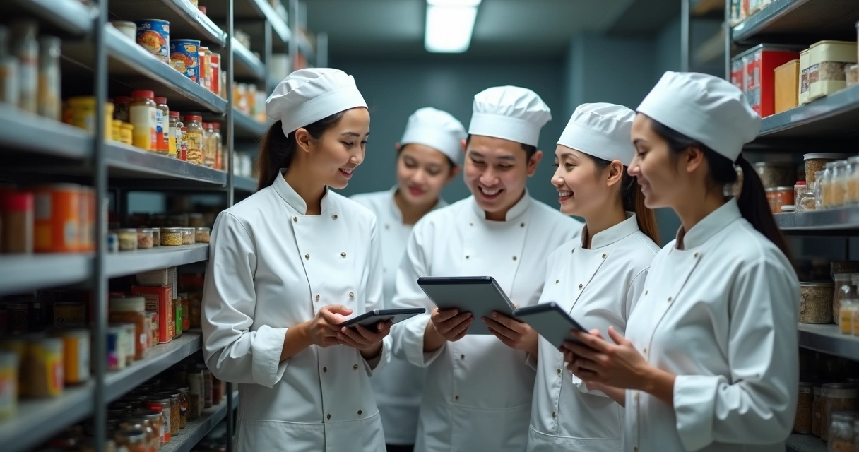 Equipe de restaurante contando estoque em prateleiras de cozinha 
