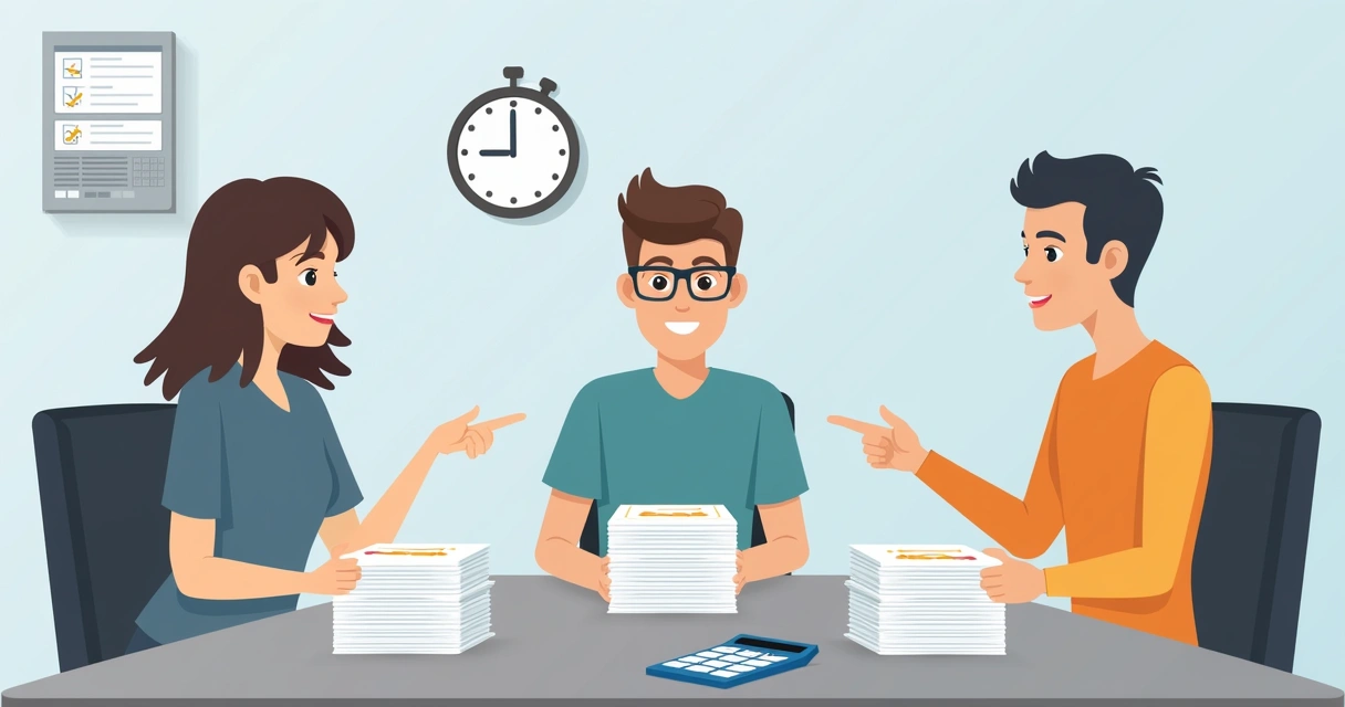 Comissão apurando votos em mesa, papeis separados e calculadora ao lado 