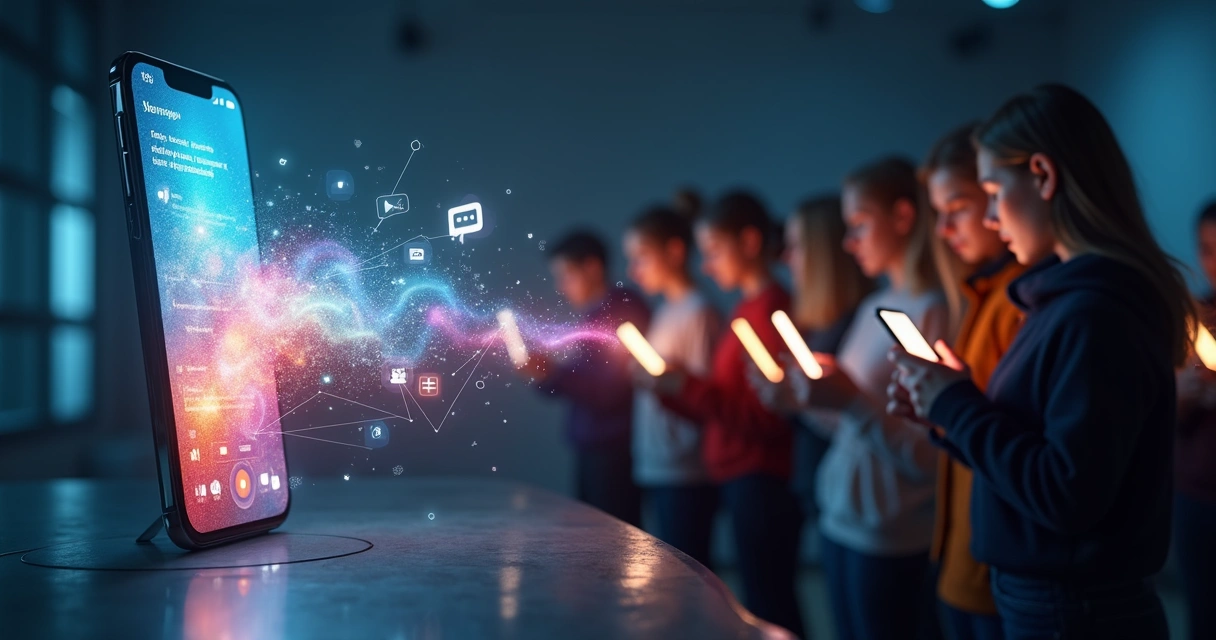Pantalla con redes sociales irradiando emociones a una multitud conectada 