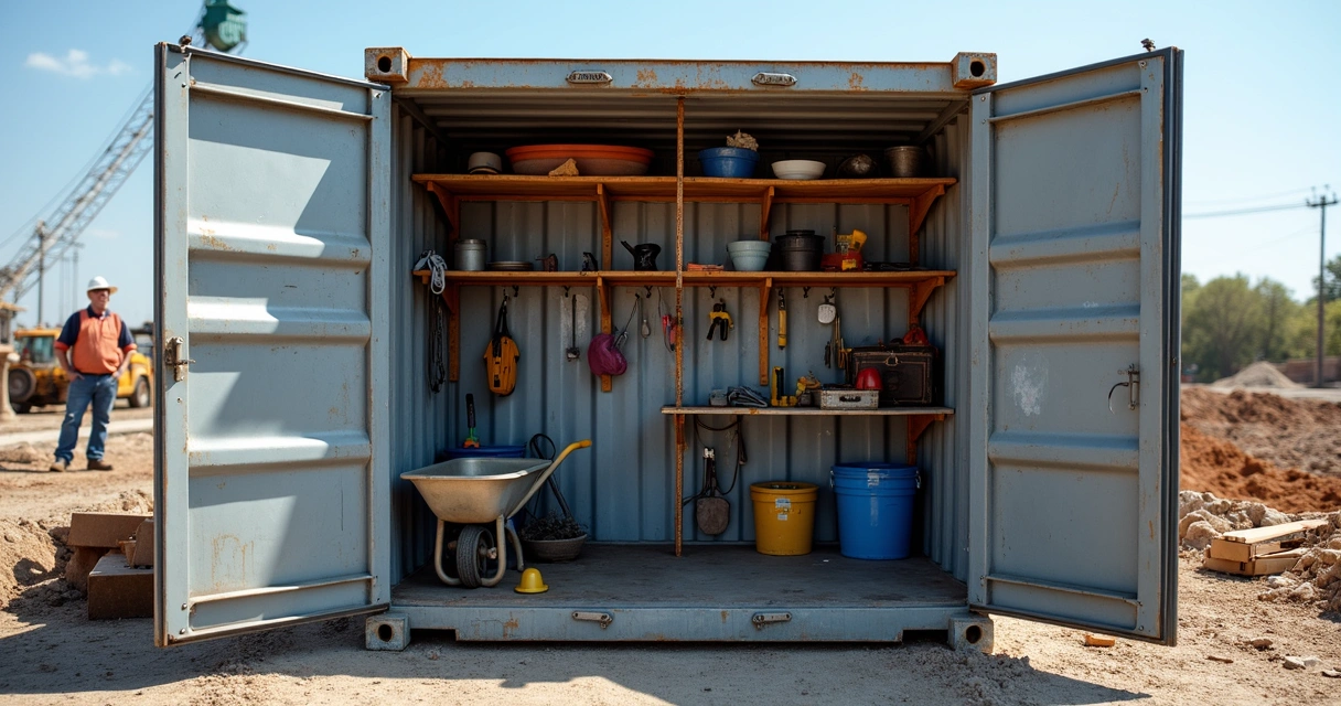 Container de depósito organizando ferramentas em obra 