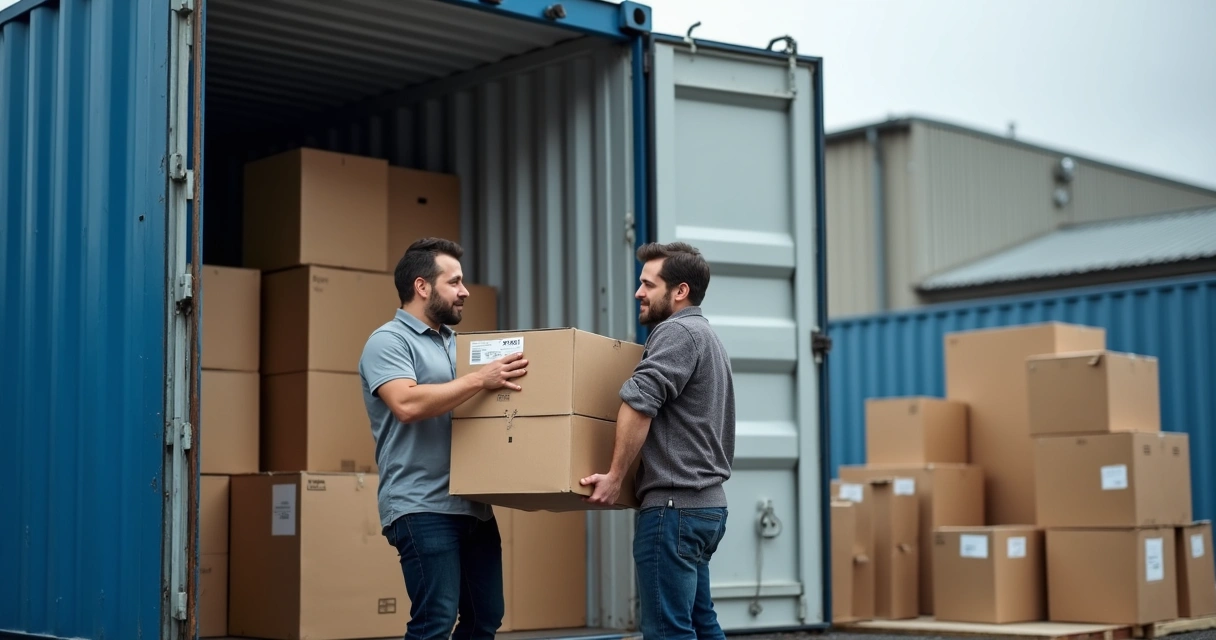 Homens descarregando caixas de um container em um pátio 
