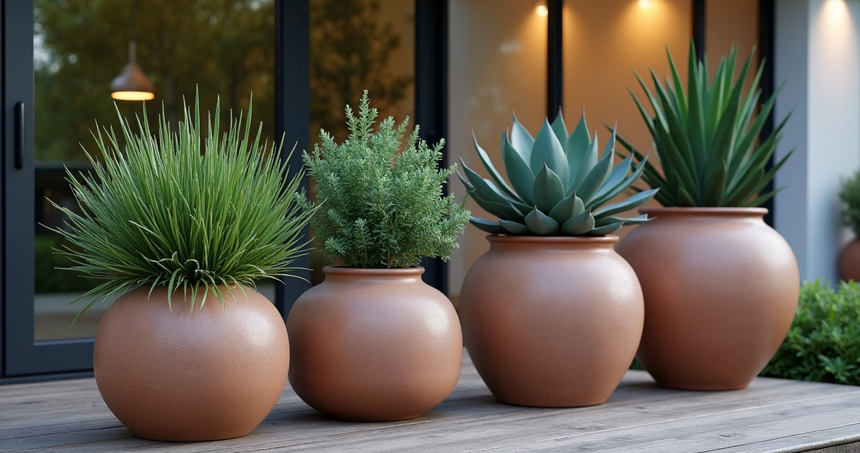 Container gardens with evergreens and perennials on patio 