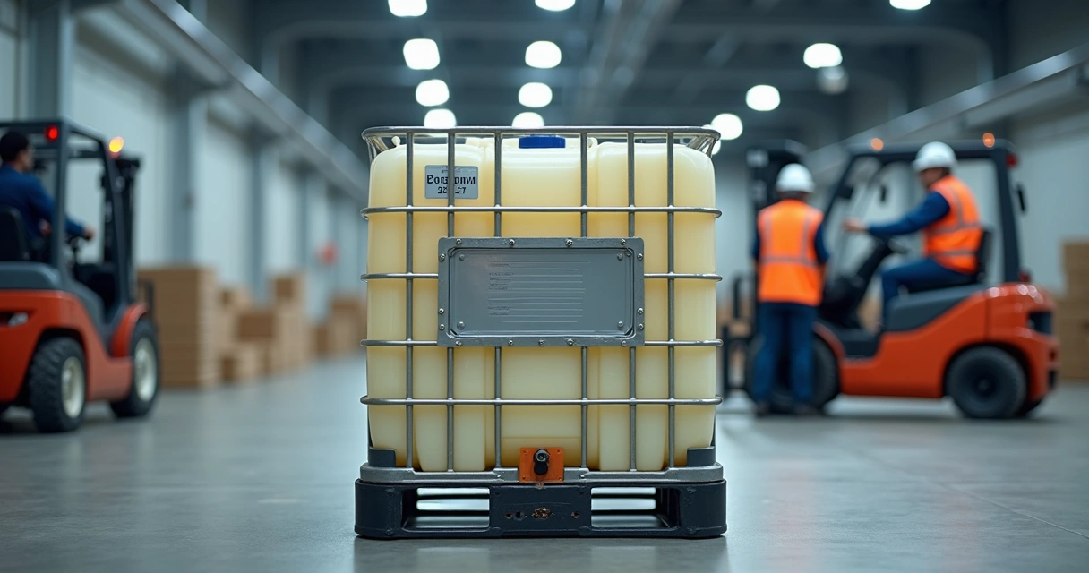 Contêiner IBC 1000 litros em uso em ambiente industrial 