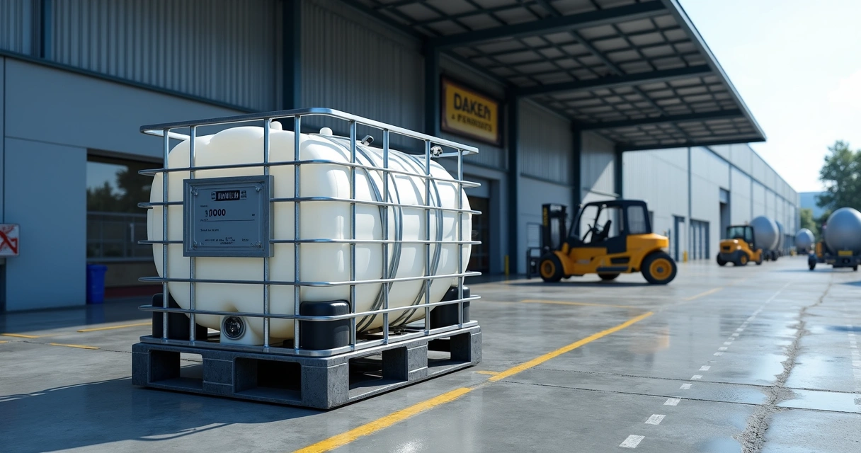 Container 1000L em área industrial com pallet de contenção