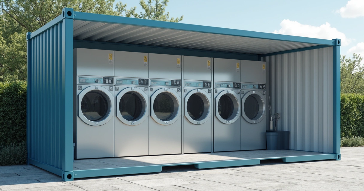 Container adaptado para lavanderia de autoatendimento com máquinas instaladas e área externa organizada 