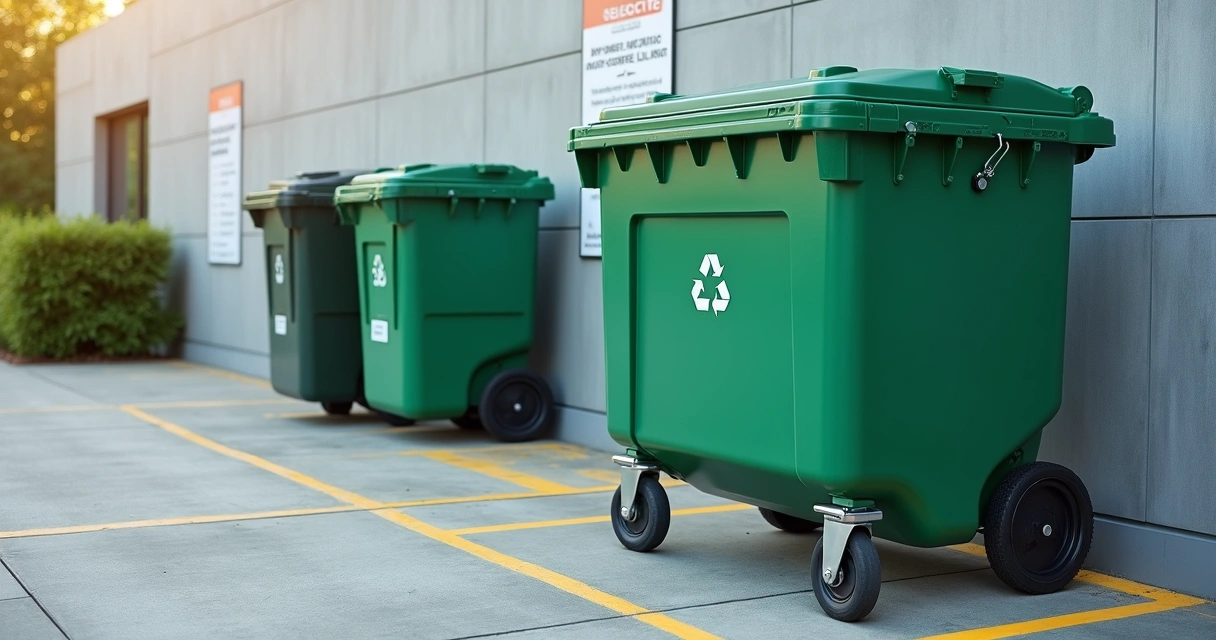 Container de lixo 1000 litros verde em área de reciclagem organizada 