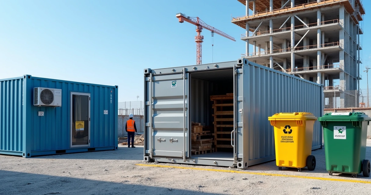 Containers metálicos alinhados em canteiro de obras organizado 