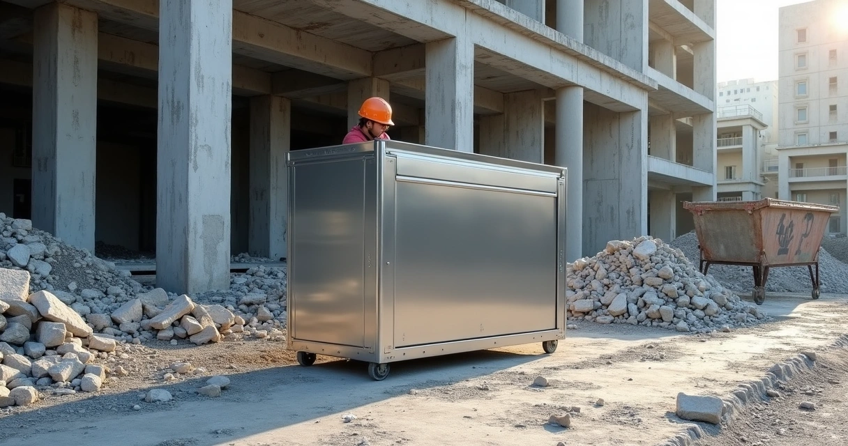 Container metálico posicionado em canteiro de obra 
