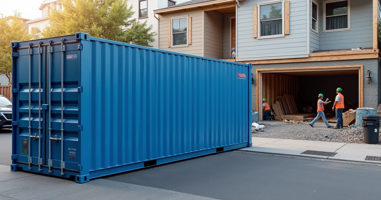 Container metálico azul instalado em rua de área urbana, ao lado de uma obra civil 