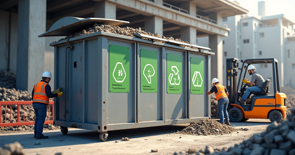 Container personalizado com sinalização de resíduos recicláveis, instalado em canteiro industrial 