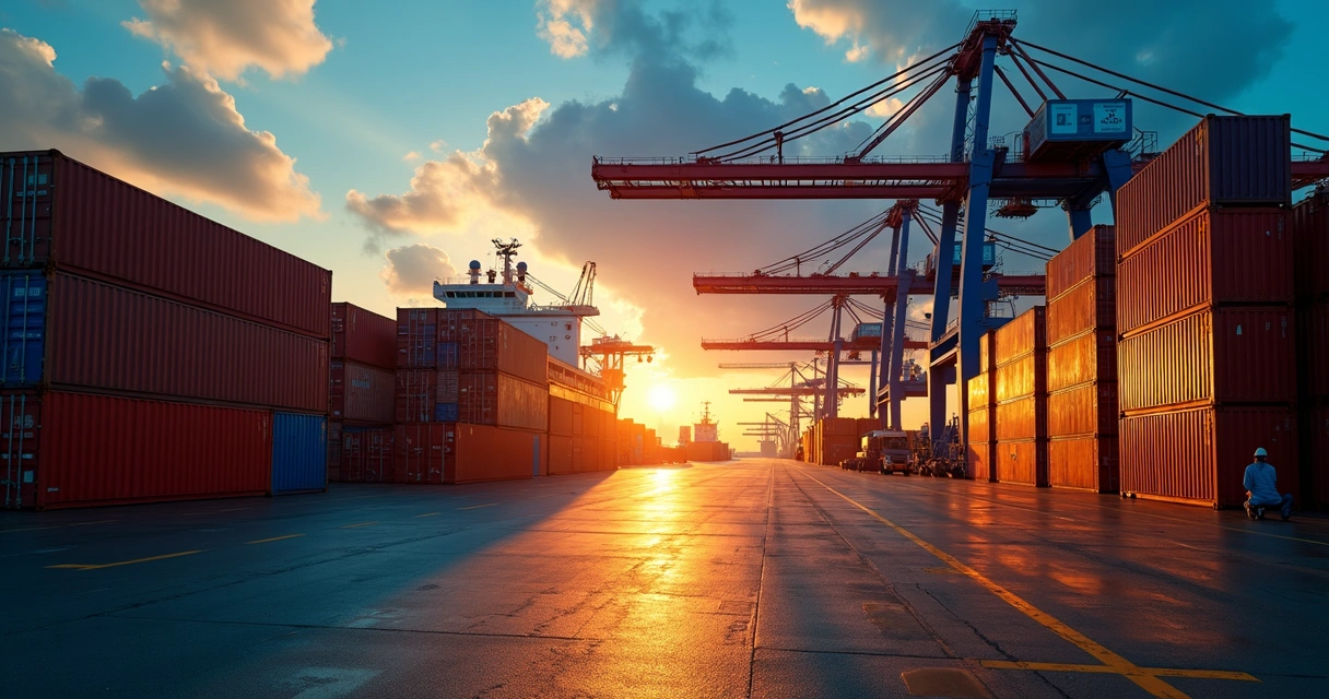Empilhadeira transportando container em porto internacional 