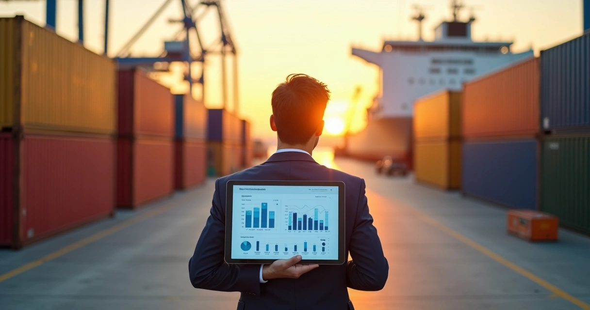 Profissional analisando dados de importação em tablet frente a containers coloridos no porto 