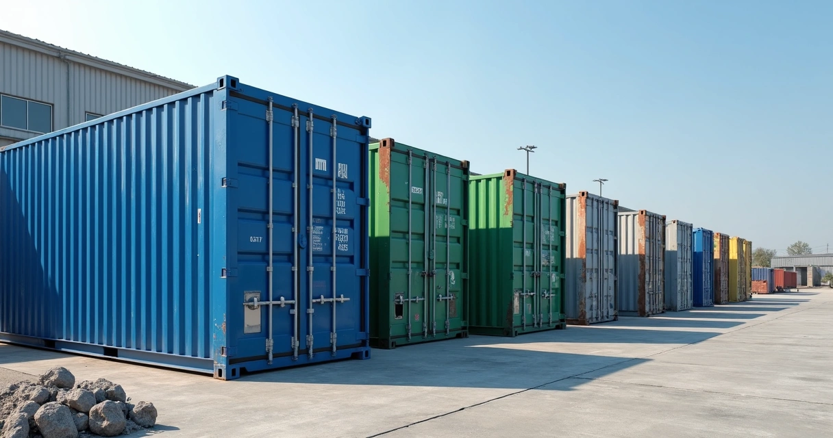 Vários containers de tamanhos diferentes alinhados em pátio de empresa 