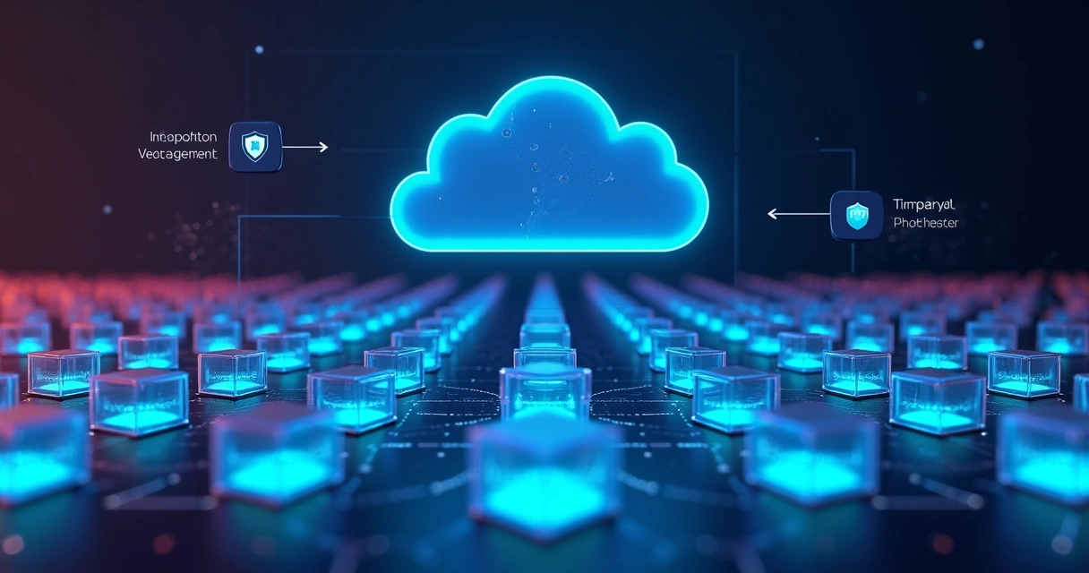 Conceito visual de containers em nuvem com orquestração e segurança 