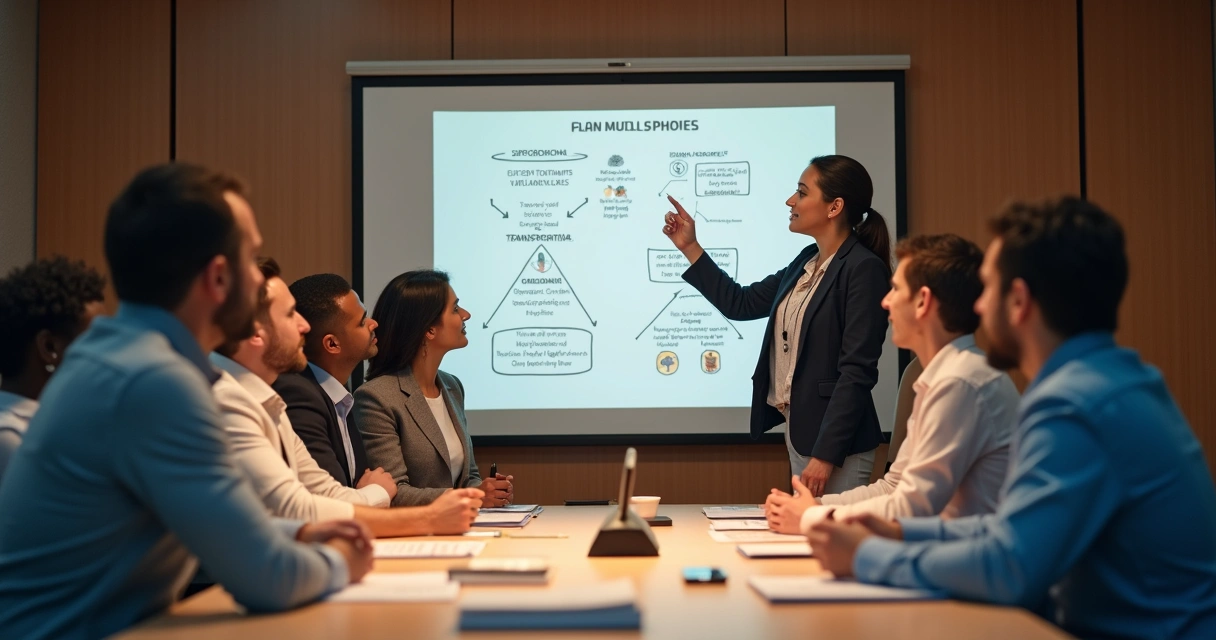 Pessoa contando história para clientes em reunião de marketing