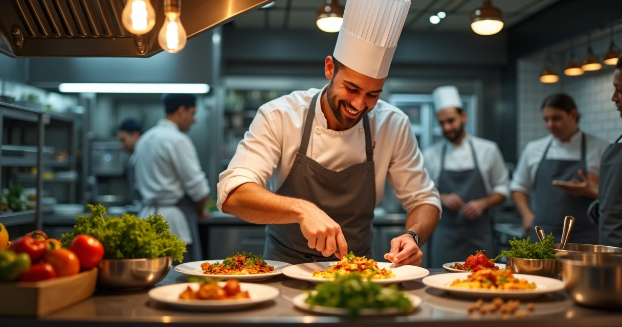 Chef preparando prato enquanto conta história para equipe 