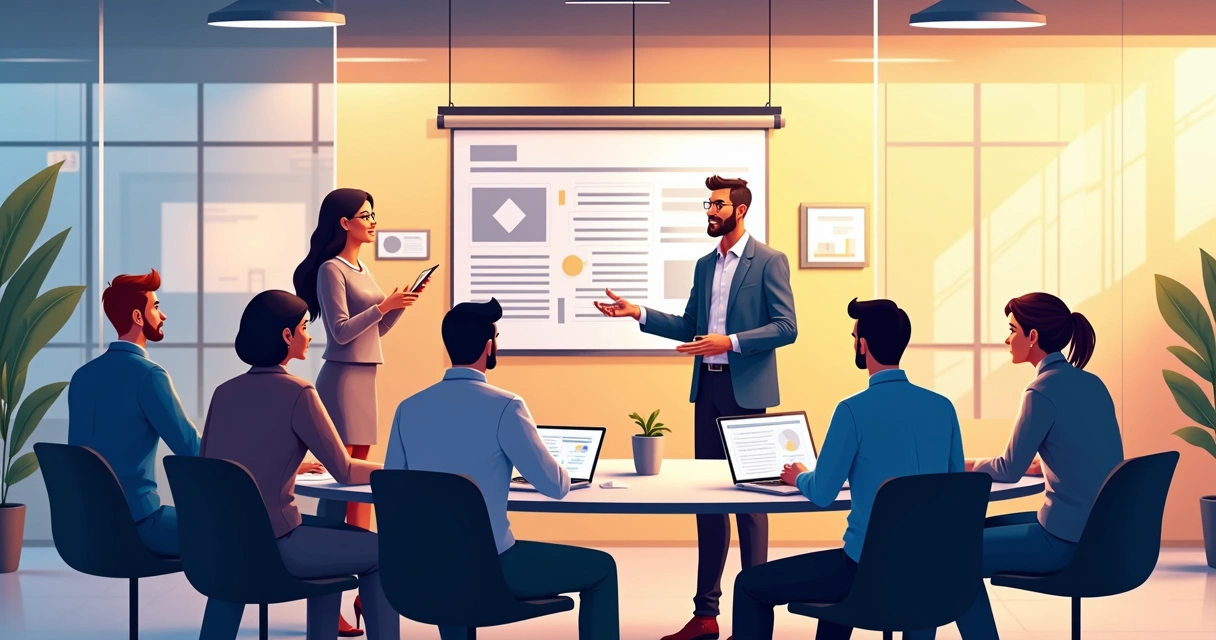 Equipe reunida discutindo histórias da marca em um ambiente moderno