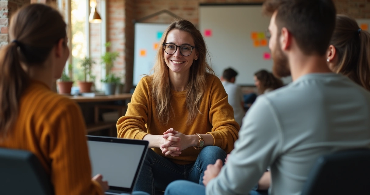 Líder sorridente compartilhando história pessoal com equipe em círculo 