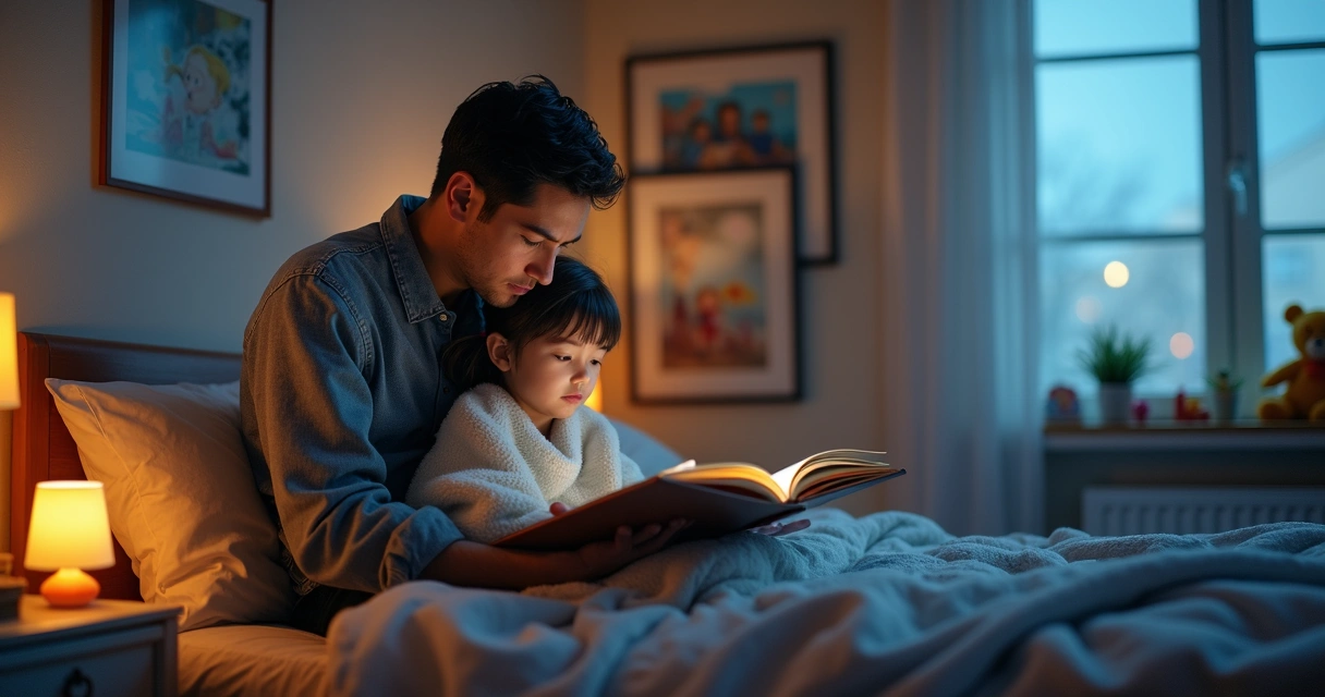 Pai lendo livro para filha pequena na cama ao entardecer 