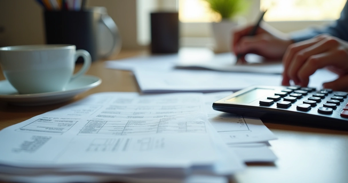 Pilha de contas a pagar sobre mesa de escritório, calculadora ao lado. 