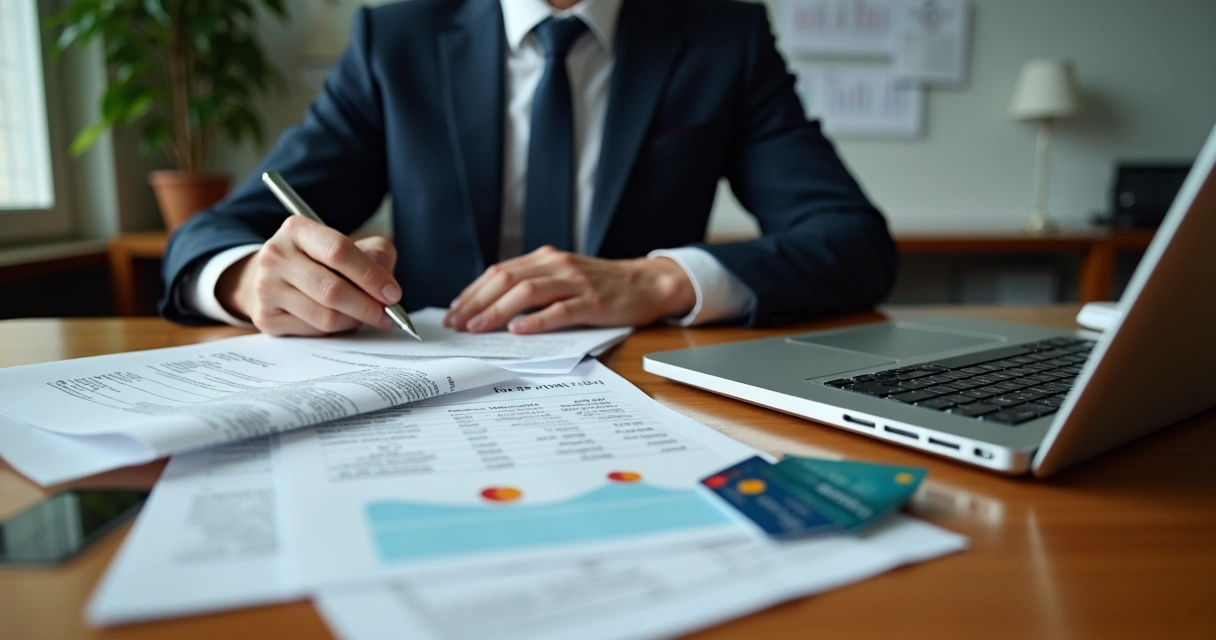 Homem analisa documentos de pagamento ao lado de laptop e cartões