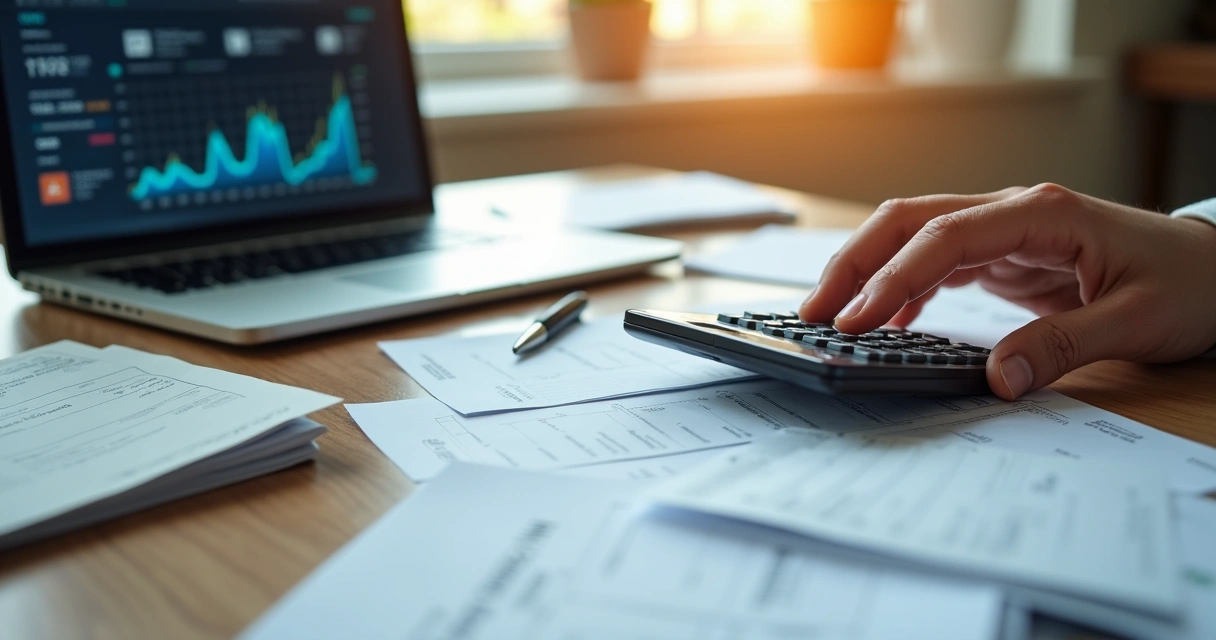 Mesa com contas atrasadas, calculadora e uma mão organizando documentos financeiros