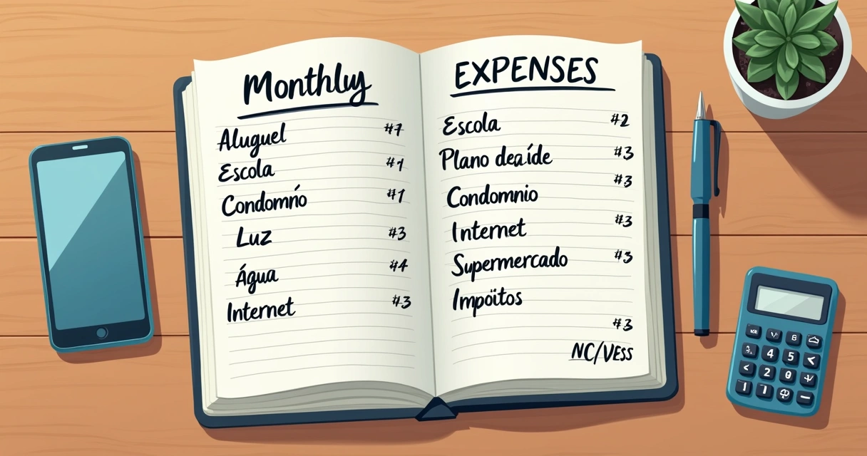Planilha manuscrita de despesas fixas mensais. 