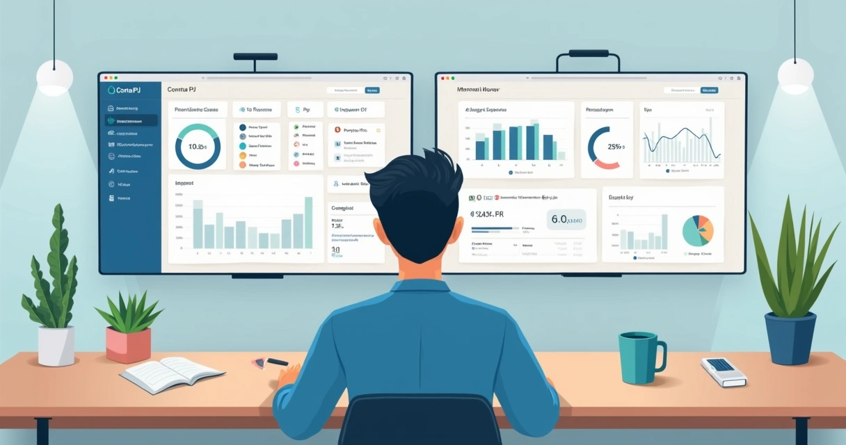 Tela de computador exibindo dashboard financeiro com contas PJ e PF separadas lado a lado