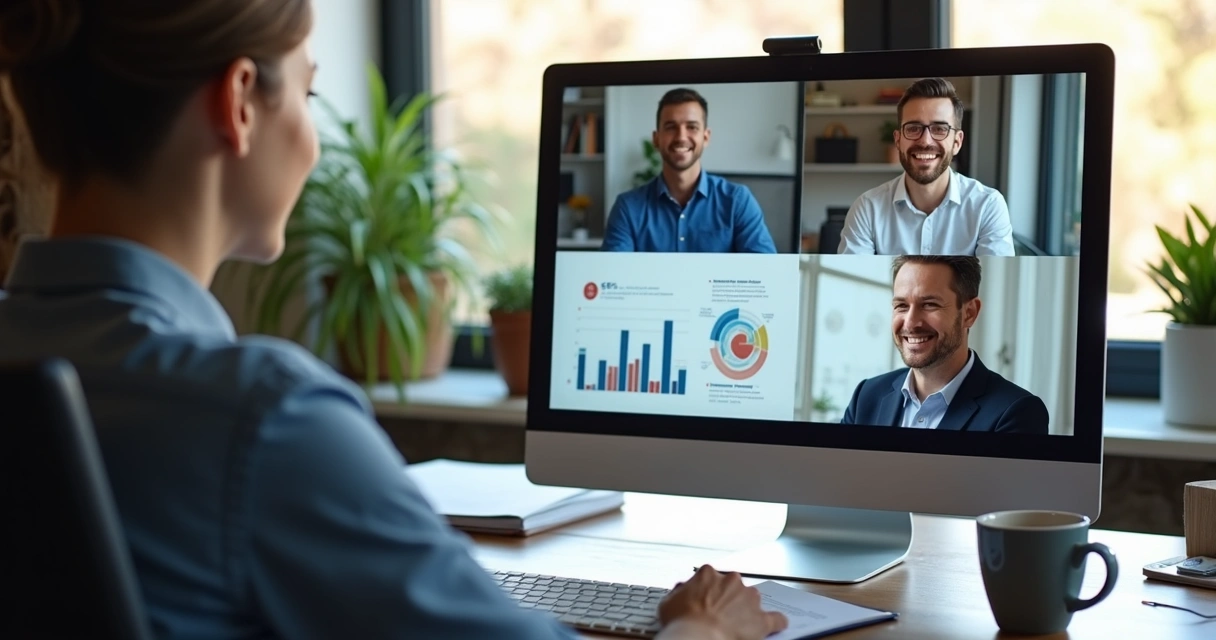 Profissional de vendas em videoconferência com cliente empresarial